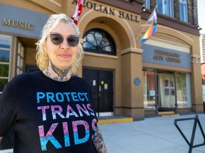 Michelle Paradis, one of the organizers of London's first queer prom, stands outside the Aeolian Hall on Dundas Street in London where the prom will be held Friday, May 24. Photo taken on Thursday, May 23, 2024. (Mike Hensen/The London Free Press)