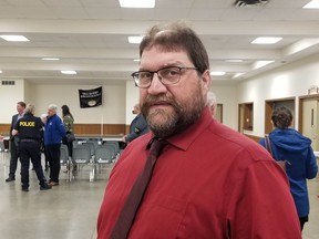 South Bruce Mayor Mark Goetz spoke about losing his friend in a workplace mishap in 2005, in remarks at a gathering at the Chesley Community Centre to mark the National Day of Mourning on Sunday, April 28, 2024.