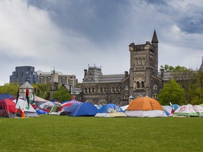 Pro-Palestinian encampment in an area that was fenced off at the University of Toronto campus in downtown Toronto on Monday May 13, 2024.