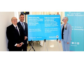 Area MPPs Bob Bailey (PC-Sarnia-Lambton) left, and Trevor Jones (PC-Chatham-Kent-Leamington) and CKHA chief Lori Marshall take part in Wednesday's announcement that Chatham-Kent Health Alliance has won approval to move on to the next phase of of a $42-million Wallaceburg hospital renovation plan. (Ellwood Shreve/Chatham Daily News)