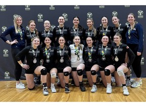 The Chatham Ballhawks 18U girls team won Division 2 Tier 1 silver medals at the 2024 Ontario Volleyball Association championships in Waterloo. The Ballhawks are, front row, left: Avery Krouse, Rileigh Helps, Audrey O’Hara, Sadie Breault, Brooke Rocheleau, Ryan O’Donohue and Teya Meredith. Back row: coach Mel Smyth, Rowan Guy, Riley Graham, Campbell Phaneuf, Keaton Kloostra, Tylar Lessard, Payton Cundle, Kaidance Matteis and coach Abby Sluys. (Supplied Photo)