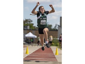 Frances Vollett of St. John's College competes in the novice girls triple jump event on Day 2 of the CWOSSA track and field meet on Thursday, May 23, 2024 in Brantford, Ontario. Brian Thompson/Brantford Expositor/Postmedia Network