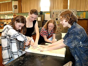Jennica Grainger, 15, left Sadie Williams, 16, Sophia Andrews, 15, and Niamh Park, 15, of the Chatham-Kent secondary school environmental club, build one of many bat boxes for distribution by the Lower Thames Valley Conservation Authority. (Ellwood Shreve/Chatham Daily News)