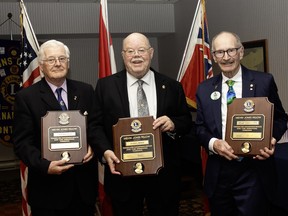 L-r, Melvin Jones Fellowship awards were presented to Lions John MacLeod, Derryl Wood and Brian Tunnicliffe. supplied by Gananoque Lions Club