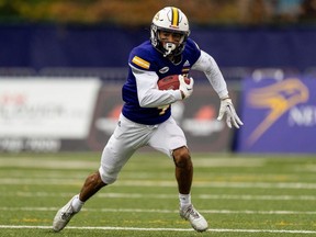 Laurier Golden Hawks receiver Ethan Jordan of Chatham, Ont., plays in a 2023 OUA football semifinal against the Windsor Lancers. (Christian Bender Photo, Laurier Athletics)