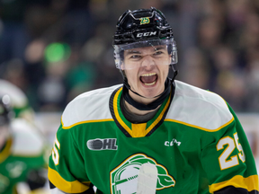 Kaleb Lawrence of the London Knights celebrates his first Ontario Hockey League playoff goal on a wraparound against the Flint Firebirds at Budweiser Gardens in London on Friday, March 29, 2024. (Mike Hensen/The London Free Press)