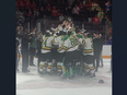 The London Knights hoist the OHL championship trophy after eliminating the Oshawa Generals in a four-game sweep in Oshawa on May 15, 2024. (Ryan Pyette/The London Free Press)