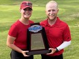 Associate head coach Erin Kopinak, left, of Tilbury, Ont., and head coach Michael Veverka celebrate after the Lynchburg Hornets won the 2024 Old Dominion Athletic Conference men's golf championship. (Supplied Photo)
