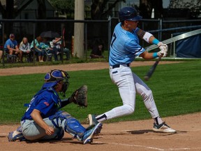 Logan Buntrock, right, bats for the Lambton Lions during the 2023 OCAA baseball season. (Lambton College Athletics Photo)