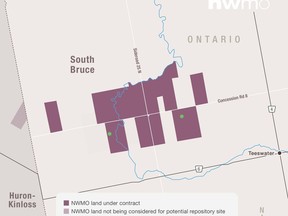 A map shows land near Teeswater under contract to the NMWO for a possible DGR for high-level nuclear waste. (NWMO image)