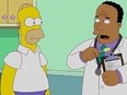 Springfield physician Dr. Hibbert and Homer Simpson appear in a scene from The Simpsons.