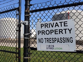 A sign on a fence at the INEOS Styrolution site along Churchill Line near Tashmoo Avenue in Sarnia.
