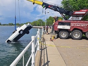 Sarnia police say a driver and passenger were uninjured and no charges are anticipated after a vehicle ended up in Sarnia Bay Sunday.