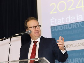 Greater Sudbury Mayor Paul Lefebvre delivers his 2024 State of the City Address at the Greater Sudbury Chamber of Commerce luncheon at the Caruso Club in Sudbury, Ont. on Thursday May 2, 2024. John Lappa/Sudbury Star/Postmedia Network