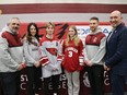 Representatives of St. Charles College held a press conference at the school in Sudbury, Ont. on Wednesday May 8, 2024 to discuss details of the 2025 boys and girls A/AA OFSAA hockey championships. St. Charles College is hosting the championships. Boys coach Rob Zanatta, left, girls coach Kristy Hebert, hockey players Carter Danyluk and Joely Angus, athletic director Darren Michelutti and school principal Aaron Barry were on hand for the event.