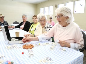 Alvina Haley and Diana Mulcahey, right, play a game of dominoes during an afternoon of Scrabble, euchre, cribbage and cards at a meeting of the Donovan-Elm West Seniors at Antwerp Playground in Sudbury, Ont. on Thursday May 16, 2024. The group usually meets on the third Thursday of the month. John Lappa/Sudbury Star/Postmedia Network