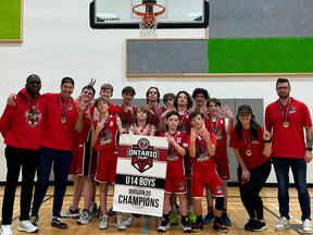 The Owen Sound Bayhawks under-14 representative team topped the Knights 46-34 in the gold-medal game to win the OBA Ontario Cup U14 Division 20 championship this past weekend. Photo supplied.
