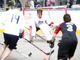 Grey County Rampage goaltender Cole McMann keeps his eye on the play as the Brightshores Ball Hockey "Cellybration" took over the River District Saturday. Greg Cowan/The Sun Times