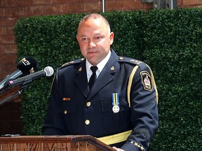 Newly sworn-in Chatham-Kent Police Service Chief Kirk Earley addresses those gathered for a change-of-command ceremony on Wednesday at the Chatham Armoury. (Ellwood Shreve/Chatham Daily News)