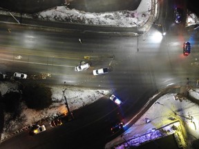 Aerial photo of the scene showing the positioning of the two vehicles after a crash at the intersection of Regent Street and Martindale Road on Feb. 21. SIU photo