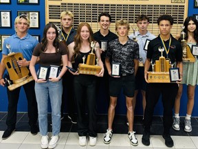 Brantford Collegiate Institute recently held its annual athletic awards banquet recognizing (back row, left to right) Gavin Hoyle, Jack DaCosta, Tyler McDole, Will Hamilton, Naima Bear-Lowen, (front row) JJ Purcell, Hannah Clark, Finn Foster, Deaken Soloman and (absent) Lily Martin as its major award winners.