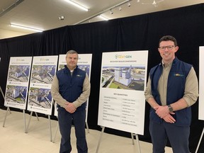 Chris Clark, right, senior director of operations at Irving Forest Products, and Mark Fitzpatrick, senior director of capital projects, are seen as Irving Pulp & Paper hosted an open house Thursday for its $1.1 billion, four-year proposal to expand production at its West Saint John pulp mill.