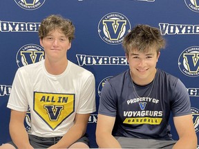 Cal Baron, left, and Alex Frawley are the latest Sudbury Voyageurs players to commit to post-secondary institutions.