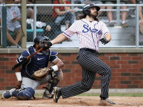 Chatham-Kent Barnstormers' Seth Strong homers against the London Majors at Fergie Jenkins Field at Rotary Park in Chatham, Ont., on Tuesday, June 25, 2024. Mark Malone/Chatham Daily News/Postmedia Network