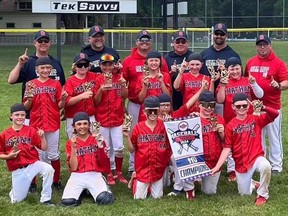 The Chatham Diamonds celebrate their championship at the Chatham Minor Baseball Association 11U tournament at Kinsmen Park in Chatham, Ont., on Sunday, June 23, 2024. (Supplied Photo)