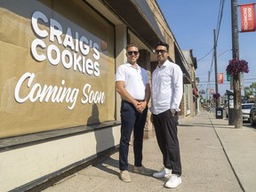 Parker Christie and Mohammed Khimani are opening a Craig's Cookies franchise at 615 Richmond St. in downtown London. Photo taken on Friday June 21, 2024. (Mike Hensen/The London Free Press)