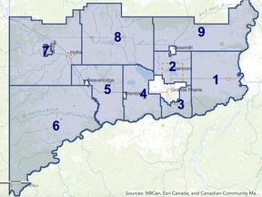 The County of Grande Prairie has nine electoral areas, each represented by a councillor.