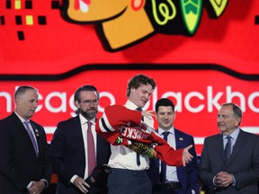 Marek Vanacker is selected by the Chicago Black Hawks with the 27th overall pick during the first round of the 2024 Upper Deck NHL Draft at Sphere on June 28, 2024 in Las Vegas, Nevada. (Photo by Bruce Bennett/Getty Images)