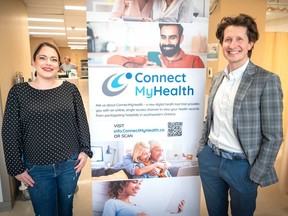 Krystal Nagy (left) and Dr. Dale Kalina, infectious disease specialist and the chief medical information officer of the Brant Community Healthcare System, sing the praises of ConnectMyHealth.  Nagy says the online tool has assisted with keeping track of records and appointments for her son who was born with congenital heart defects.