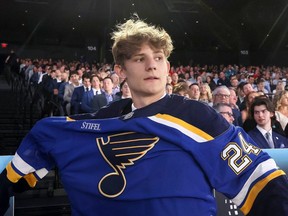 Sarnia Sting defenceman Lukas Fischer is selected by the St. Louis Blues with the 56th overall pick during the 2024 NHL draft at Sphere on June 29, 2024, in Las Vegas, Nev. (Photo by Bruce Bennett/Getty Images)