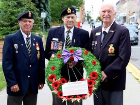 Royal Canadian Legion Branch 92 laid a wreath in honour of the 80th anniversary of D-Day on June 6. L-r, Service Officer Alf Read, Poppy Chair Owen Fitzgerald and Past President Wes Rideout. Lorraine Payette/for Postmedia Network