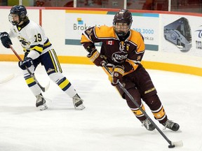 Timmins Majors forward Ian Lachance plays in a Great North U18 League game against the Kapuskasing Flyers at the McIntyre Arena in Timmins, Ont., on Nov. 2, 2023. (Thomas Perry/Timmins Daily Press)