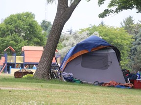 An encampment in Sarnia's Rainbow Park is shown Friday, June 21, 2024