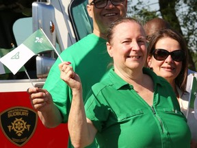 Joanne Gervais, executive director of the Association canadienne-franaise de lÕOntario (ACFO) du grand Sudbury, takes part in a Franco-Ontarian flag-raising ceremony in Azilda, Ont. on Monday June 24, 2024. The flag was raised permanently at the Lionel E. Lalonde Centre in celebration of St-Jean-Baptiste Day. John Lappa/Sudbury Star/Postmedia Network