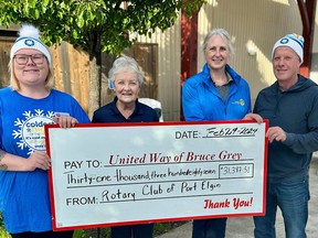 Representatives from the United Way Bruce Grey and Rotary Club of Port Elgin post for a cheque presentation donating funds from the 2024 Coldest Night of the Year walk in Saugeen Shores. Photo supplied From left to right; Kristy Andre (United Way Fundraising Champion), June Van Bastelaar (United Housing for All), Melinda Myette (Port Elgin Rotary), and Ken McCulloch (Port Elgin Rotary).