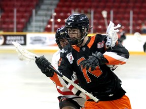 Noah Millsap tries to beat his man as the Owen Sound North Stars host the Brooklin Lacrosse Club in the N'Stars home opener at the Harry Lumley Bayshore Community Centre on Saturday, June 1, 2024. Greg Cowan/The Sun Times