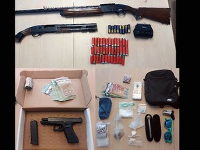 Firearms, cash and substances seized by the Kingston Police during two separate investigations in Kingston, Ont., on June 25 and 28, 2024. (Supplied the Kingston Police)