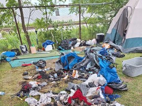 Damage from a tent fire Sunday in Sarnia's Rainbow Park encampment is shown in this photo posted by Sarnia police to X, formerly known as Twitter.