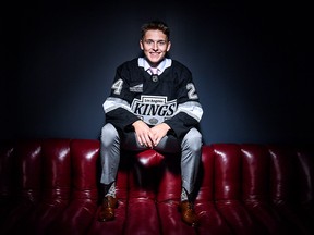 Carter George poses for a portrait after being drafted by the Los Angeles Kings with the 57th overall pick in the 2024 Upper Deck NHL Draft at Sphere on June 29, 2024 in Las Vegas, Nevada. (Photo by Candice Ward/Getty Images)