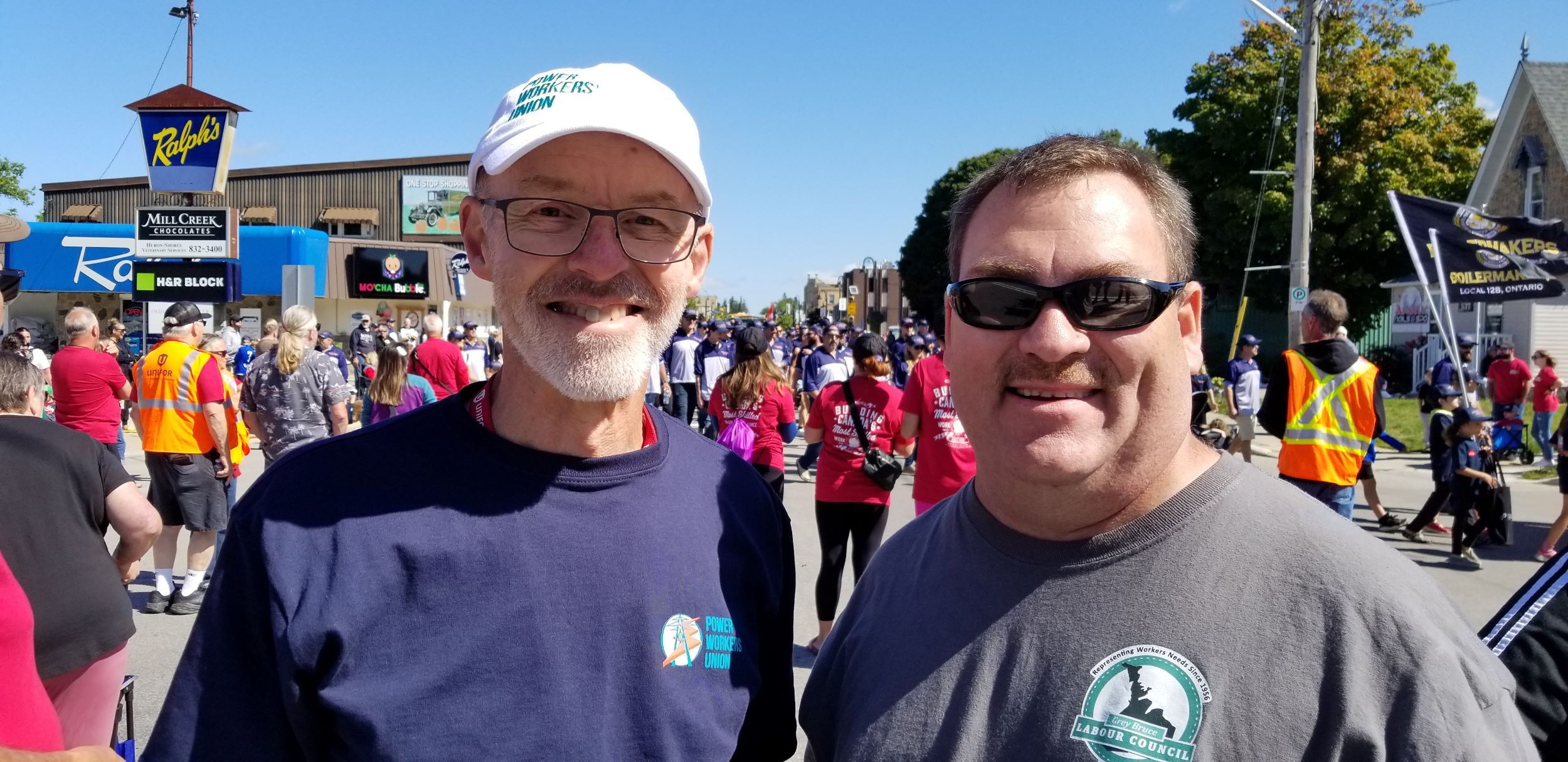 Grey Bruce District Labour Council executive members Dave Trumble, left, and Kevin Smith at the annual Labour Day parade in Port Elgin on Monday, Sept. 2, 2024. (Scott Dunn/The Sun Times/Postmedia Network)
