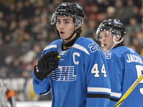Jake O'Brien of the Brantford Bulldogs was captain of the OHL East team during the Connor McDavid OHL Top Prospects game on Wednesday January 15, 2025 at the Civic Centre in Brantford, Ontario. Brian Thompson/Brantford Expositor/Postmedia Network