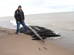 Wreckage, vessel, washed ashore, Erieau, Lake Erie