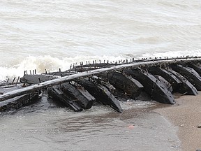 Wreckage, vessel, washed ashore, Erieau, Lake Erie