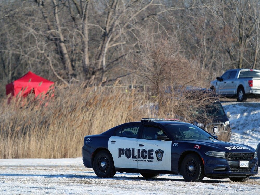 Several Sarnia police vehicles were parked Monday near a red tent and yellow police tape near Highway 40 and LaSalle Line. Police said human remains were discovered on Friday. (Terry Bridge/Sarnia Observer)