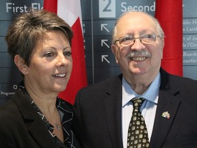 Bluewater Health president and CEO Paula Reaume-Zimmer, left, poses for a photo with Sarnia-Lambton MPP Bob Bailey Jan. 27, 2025 in Sarnia.
