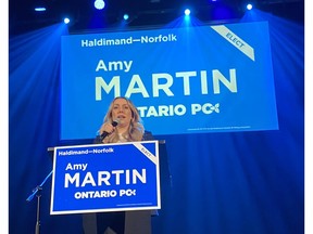 Haldimand-Norfolk Progressive Conservative candidate Amy Martin addresses supporters in Delhi after losing the race on Feb. 27, 2025. (Postmedia staff)